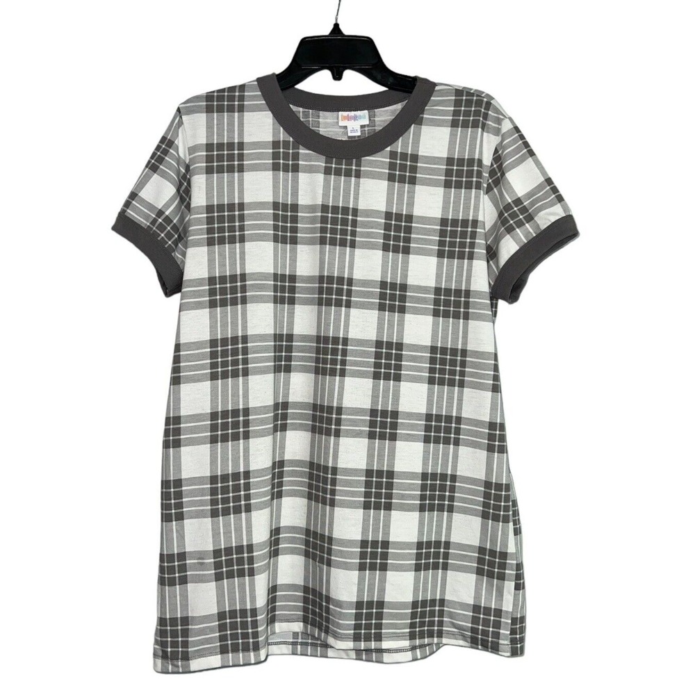 LuLaRoe Womens T-Shirt Size L White Gray Plaid Short Sleeve‎ Crew Neck Top